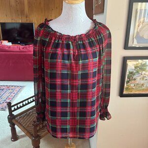 TALBOTS Off Shoulder Round Collar Red Black Plaid Tartan Top Blouse - SP
